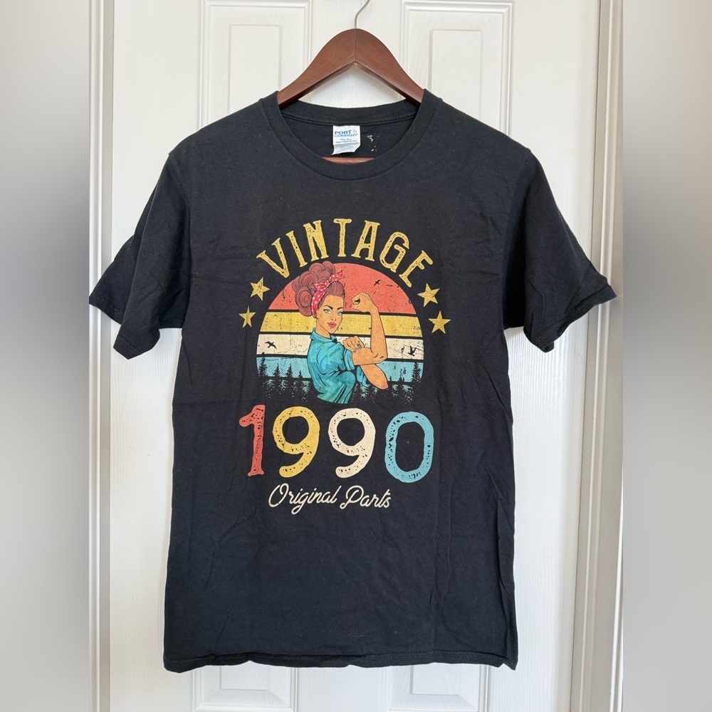 Vintage 1990 Rosie-Style Graphic Tee in Black with Multicolor Print